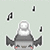 Pixelated character with gray body, white chest, and red cheeks floats against light green background with three detached black shapes nearby.