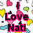 Pixelated icon with "Love Nati" text in pink and black, surrounded by colored hearts on white background.