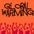Pixelated orange background with two identical 'GLOBAL WARMING' text blocks above a red pixelated wave pattern.