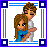 Pixel art contact sheet of five animated frames showing a couple, a rock formation, and text phrases in pink pixelated font on white backgrounds with blue-and-purple borders.