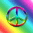 A 4-frame contact sheet of a rainbow-colored peace symbol animation with shifting color gradients on a multicolored background.