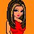 Pixelated character in red dress with long brown hair against orange background, three views showing head position changes.
