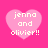 Four pink heart shapes on a bright pink background, each containing white pixelated text reading 'jenna and olivier!!' with varying heart opacity levels.