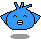 Two blue pixelated characters with closed eyes and yellow mouths face each other against a gray background.