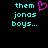 Pixelated cyan text 'them jonas boys...' on black background with a pink heart symbol above the right side of the text.