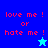 Pixelated text 'love me! or hate me!' appears on blue and cyan backgrounds with a star icon changing color.