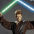 Pixelated static image of a character holding two lightsabers against a gray background, with visible dithering and low-resolution rendering artifacts.