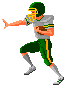 Pixel art animation of a football player in green and gray uniform running with a brown football, showing sequential motion frames.