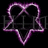 A pixelated purple heart outline with a black interior, overlaid on a faint gray 'H' and 'M' lettering against a black background.