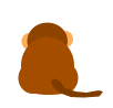 Brown cartoon monkey with light brown ears and tail, viewed from behind on gray background, showing sequential tail and head movements.