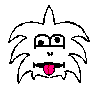 White cartoon character with spiky hair and black eyes shows three expressions: tongue out, smiling, neutral face on gray background.