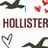 Animated sequence showing two dark birds flying with red hearts, transitioning to text 'HOLLISTER HOLLISTER' and a heart outline.