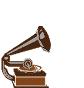 Brown gramophone with silver accents and a circular record, emitting black musical notes on a gray background.
