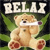 Pixelated image of a light brown teddy bear with red paw pads holding a white object, set against green foliage and dark background with 'RELAX' text above.