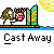 Animated contact sheet showing two frames of a pixel art buddy icon with a character on a raft, text elements, and changing background details.