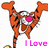 Animated orange tiger-like character with black stripes, white chest and face markings, pink nose, holding a silver object near its mouth; 'I Love' text in pink appears below.