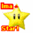 Yellow star-shaped icon with two black vertical bars on its face, surrounded by red text and small red stars in a