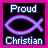 Four distinct 'Proud Christian' icons display a fish symbol in purple, green, yellow, and pink against black backgrounds with colored borders.