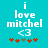 Pixelated text 'i love mitchel <3' on cyan background with red and gray star-like symbols below.
