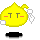 Yellow pixelated character with T-shaped eyes and red cheeks, standing on black base with white and gray accents, animated with changing white pixel patterns.