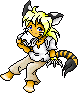 Pixelated character with yellow hair, blue eyes, and cat-like ears holding a chain in four distinct poses against gray background.
