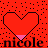 Four pixelated heart icons arranged in a 2x2 grid on red background with black dotted pattern, each heart containing horizontal color bands and one frame showing text "nicole".