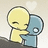 Pixelated yellow figure with closed eyes hugs a blue circular object against light background.