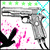 A 4x4 contact sheet of animated frames showing a pixelated handgun with pink splatters, repeated text elements in various colors and positions, and black-and-white color blocking.