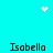Cyan background with four instances of the name 'Isabella' in black pixelated text arranged in a , white pixelated heart and starburst symbols at top, and a white pixelated starburst below the top-left 'Isabella'