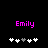 Two side-by-side display the name 'Emily' in bright pink pixelated text above a of six white and gray plus signs on black backgrounds