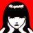 Pixelated static image of a figure with long black hair and bangs against solid red background, wearing dark top.