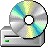 Pixelated image of a CD/DVD disc with rainbow reflections on a silver drive tray, featuring a small green indicator light.