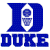 Blue pixelated Duke University logo featuring a large stylized 'D' with a basketball and trophy inside, above the word 'DUKE' in block letters on white background.