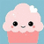 Pixelated cupcake icon with pink frosting, black eyes, and a smile on a light blue background.