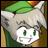 Pixelated character with white hair, green eyes, and a green hat against brown background.