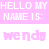 Pixelated text on pink background reads 'HELLO MY NAME IS:' above lowercase 'wendy' in matching style.