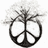 Black and white pixelated peace symbol with radiating lines on a white background, rendered in low-resolution digital style.