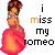 A 3x3 contact sheet of a pixel art animation featuring a doll-like character in an orange dress with pink flowers, repeatedly saying "i miss my romeo" across frames where the text's color alternates between black and orange.