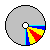 Four circular frames show a rotating disc with gray background, white center hole, and alternating blue-yellow-red segments.
