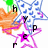 Animated icon with overlapping star shapes and scattered letters in orange, blue, pink, green, and black on white background.