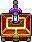 Pixel art animation of a purple and green bottle atop an ornate golden-red chest with visible frame-to-frame color change in the bottle's liquid base.