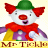 Pixelated cartoon clown with green hat, red nose, and red scarf wearing purple shirt over yellow pants on beige background with "Mr. Trick" text at bottom.
