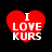 Four red heart-shaped icons with white text "I LOVE KURS" on black background, each with distinct pixelation and blur variations.