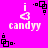 Pixelated icon with pink background, white text 'candyy', and black geometric shapes in four corners.