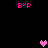 Pixelated pink 'B×P' text and heart symbols on a black background, with some hearts in darker purple.