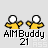 Pixelated yellow figures with white circular heads appear in two positions above text reading 'AIMBuddy 21' on a gray background, with red 'badass buddy' text visible in some frames.