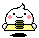 Pixelated cartoon character with white body, pink cheeks, black eyes, and yellow base holding stacked green-and-gray object against gray background.