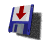 Blue and white floppy disk icon with red downward arrow on white section, shown in multiple angled views against gray background.