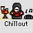 Pixel art animation of a hooded figure with a white skull face, red shirt, and black hood sitting in a chair, with a table holding a red and white object and a brown cup, and musical notes floating nearby.
