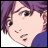 Pixelated anime-style character with purple hair and light skin, wearing a blue garment, next to stylized text on a black background.
